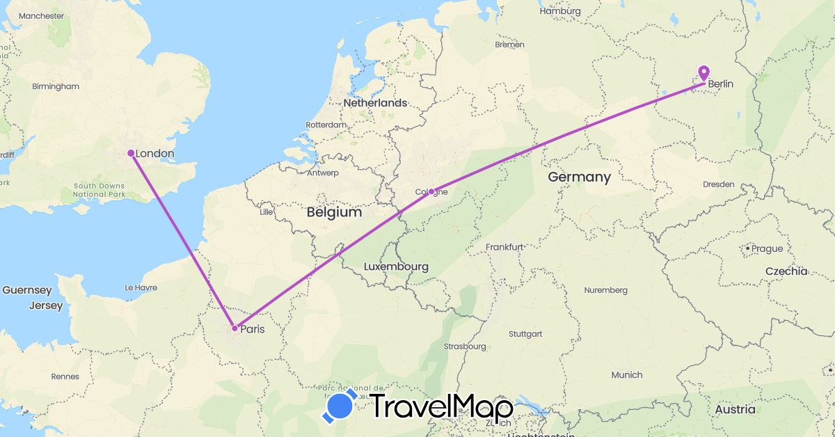 TravelMap itinerary: driving, train in Germany, France, United Kingdom (Europe)